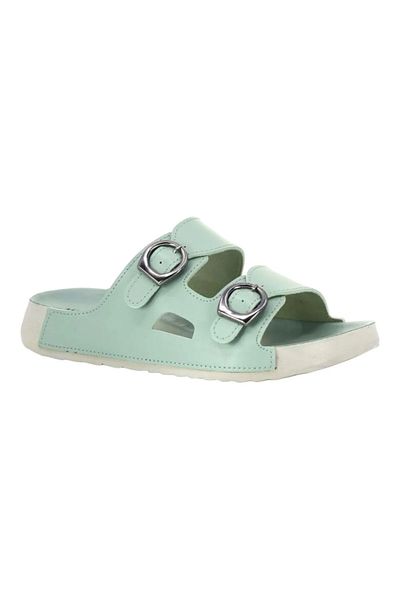 SUNSTEP Sandale/papuci negri casual din piele pentru femei Mulex cu cataramă verde, elegantă