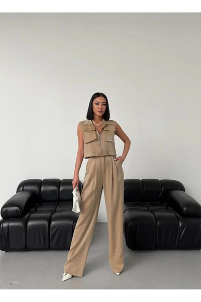 Zoe Zoe Vest pants suit silvery modal fabric with pockets zipper hijab