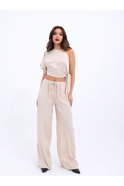 FASHION COCKTAIL Κρέμα παντελονιού μπλούζας με μονόχρωμο μεταξωτό ύφασμα με φωτεινό σχέδιο