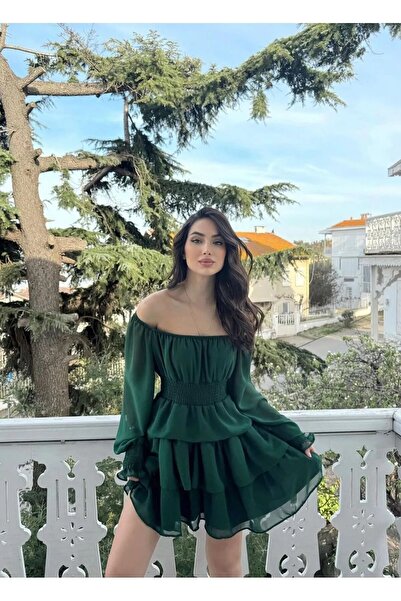 zoezoe DÜŞÜK OMUZ ŞİFON BELİ LASTİKLİ VOLANLI ELBİSE