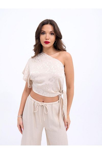FASHION COCKTAIL Κρέμα παντελονιού μπλούζας με μονόχρωμο μεταξωτό ύφασμα με φωτεινό σχέδιο