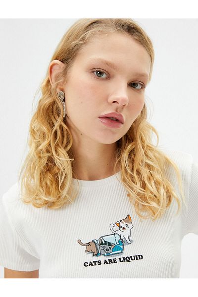 Koton Νέα σεζόν Cat printed Crop T-shirt με κοντό μανίκι Crew λαιμόκοψη Slim Fit Ribbed Cotton