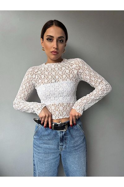 Butik Beyza Transparent Lace Detailed Boat Neck Blouse