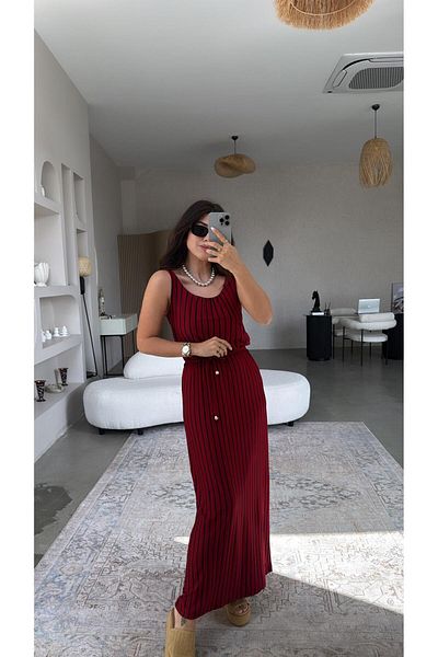 Buket Teke Rochie de bază din viscoză cu dungi burgundy