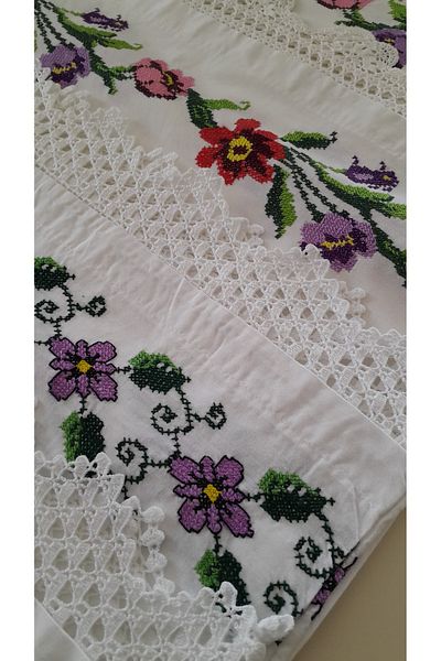 Papatyam Hand Knitted 2 Pieces Double Sided Pillow (90X45) Hand Embroidered Pillow Handcrafted Lace/Vintage/Dowry