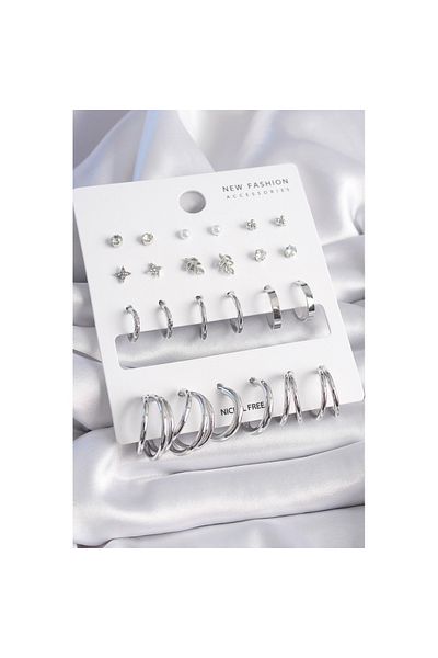 Skygo 12 Pairs Brass Silver Zircon Cubic Zirconia Women's Earrings Set - Tj-Bkp9681