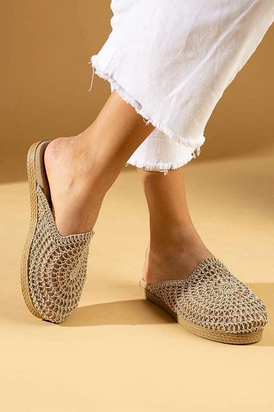 FUGA MODA Παντόφλες Ottawa Beige κυκλικές ψάθινες κεντημένες κλειστές μπροστινές παντόφλες