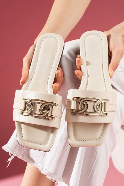 FUGA MODA Camila Beige Buckle Gold Slippers