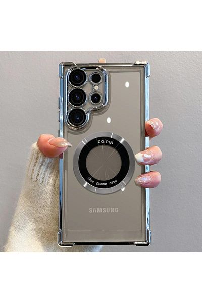 Choice جراب فاخر مطلي بماج سيف لهاتف سامسونج جالاكسي S25 S24 Ultra S23 FE S22 فضي اللون