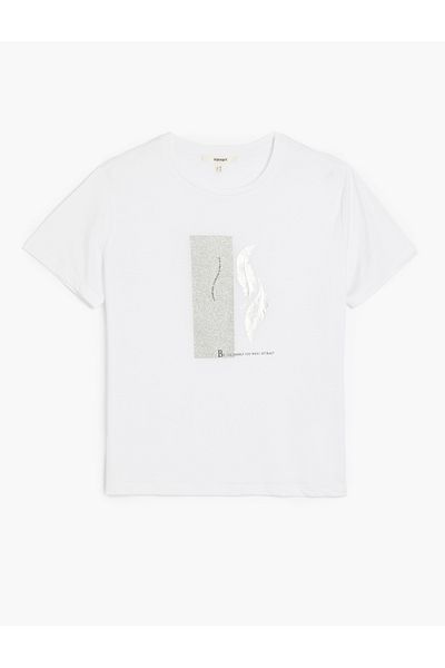 Koton Μπλουζάκι με κοντό μανίκι New Season Crew Neck με μεταλλικό ασημί στάμπα