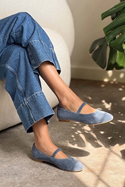 NİŞANTAŞI SHOES Dámské baleríny Arjun Blue z pravého semišu s jednoduchým detailem na pásce a plochou podrážkou