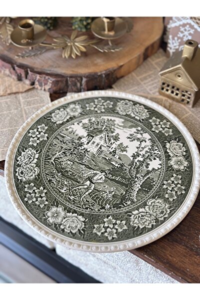 Villeroy & Boch Villeroy Boch Rusticana Damgalı Koyu Yeşil Haki Porselen Antika Sunumluk Servis Pastalık İkramlık