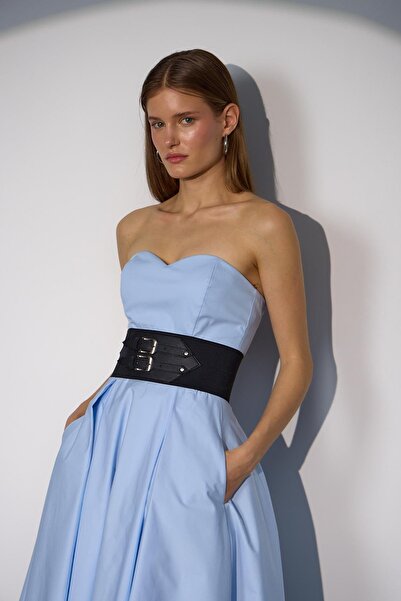 NOK İSTANBUL Sophisticated Corsage Elegance Maxi Boy Elbise Mavi