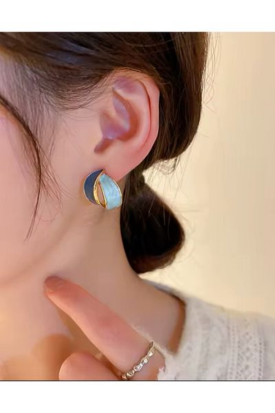 AychaAksesuar Steel Vip Blue Navy Blue Enamel Exquisite Earrings