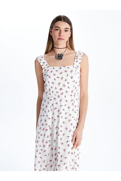 LC Waikiki Xside Ecru Square Neck Floral Women's Dress