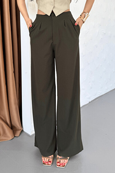 Paw Garage Γυναικείο ύφασμα Emma με κουμπιά με ψηλή μέση και ελαστική πλάτη παντελόνι palazzo