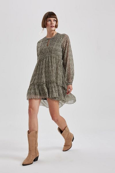 DeFacto Patterned Chiffon Mini Dress - Round Neck, Long Sleeve B5662Ax23Au