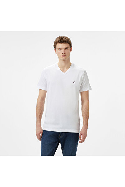 Nautica تي شيرت أبيض اللون برقبة على شكل حرف V للرجال