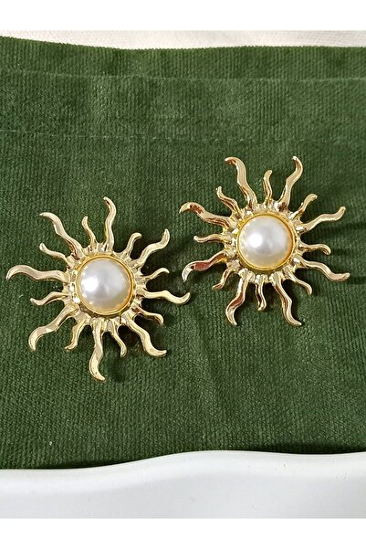 mos&more Gold Ortası Incili Güneş Form Şık Kadın Küpe