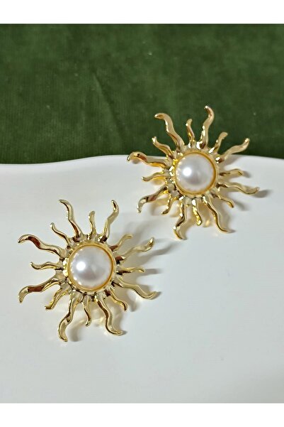 mos&more Gold Ortası Incili Güneş Form Şık Kadın Küpe