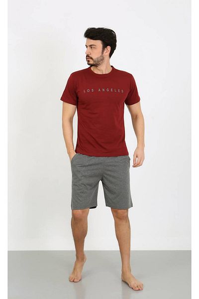 shopshop Men's Printed Cotton Short Sleeve Shorts Pocket Combed Cotton Summer Pajama Set