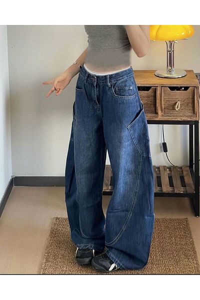 1blood Μπλε Navy Kangaroo Pocket Loose φαρδύ τζιν παντελόνι