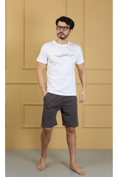 shopshop Men's Printed Cotton Short Sleeve Shorts Pocket Combed Cotton Summer Pajama Set