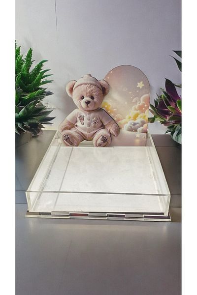 Yavuz Süs Plexi Chocolate Box with Cream Coffee Teddy Bear Decor