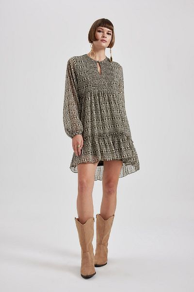 DeFacto Patterned Chiffon Mini Dress - Round Neck, Long Sleeve B5662Ax23Au
