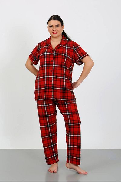 shopshop Women's Oversize Large Size Milan Fabric Short Sleeve Button Pajama Set