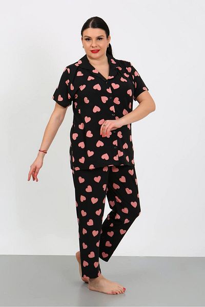shopshop Women's Oversize Large Size Milan Fabric Short Sleeve Button Pajama Set
