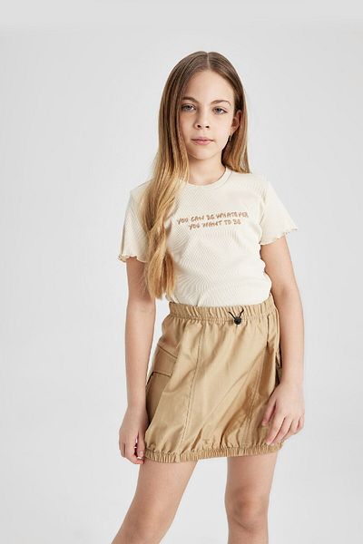 DeFacto Girls' Short Sleeve T-Shirt - Crew Neck, Slim Fit, Printed Camisole B6689A824Sm