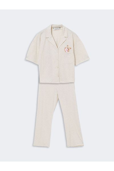 LC Waikiki Lcw Young Beige Shirt Collar Bear Teddy Printed Women's Pajamas Set
