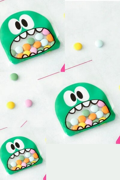 Emtory Home 100 Adet Karışık Canavar Baskılı Bantlı Jelatin - Bonibon Paketi - Hediye Paketi 10x15cm