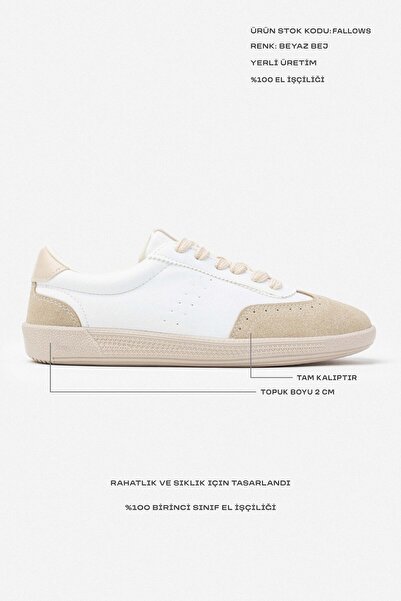 NİŞANTAŞI SHOES Fallows bílá matná béžová semišová detailní dámská šněrovací sportovní obuv s plochou podrážkou