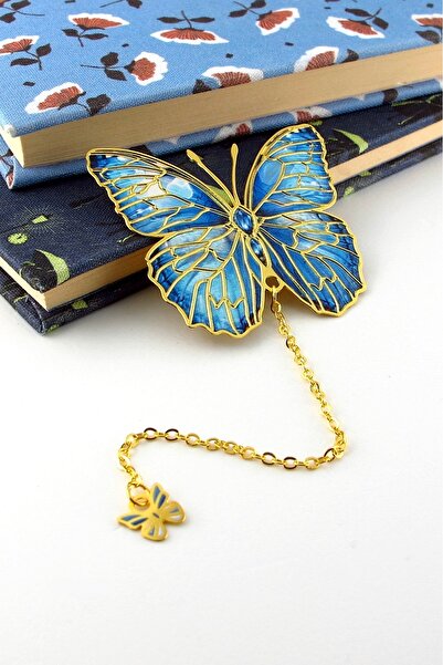 Solfera Marcă de carte din metal cu lanț vintage Fluture Albastru Cititor AY018