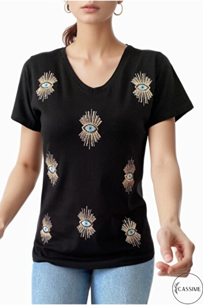 Cassime Tricou negru pentru femei, cu decolteu în V, cu paiete și broderie, S...