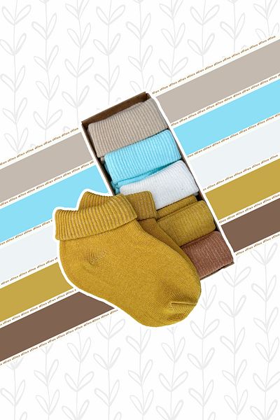 Akface Organic Cotton Patternless Plain Curled Newborn Baby Girl Boy Baby and Children's Socks Set of 5
