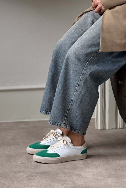 NİŞANTAŞI SHOES Dámská šněrovací sportovní obuv Brooke White Matte Green Suede s plochou podrážkou
