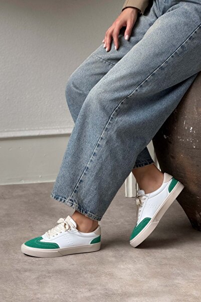 NİŞANTAŞI SHOES Dámská šněrovací sportovní obuv Brooke White Matte Green Suede s plochou podrážkou