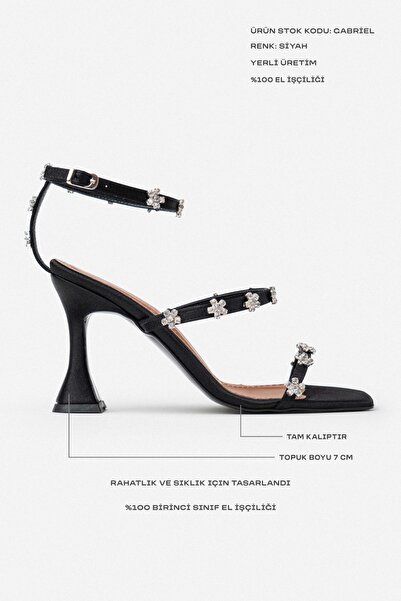 NİŞANTAŞI SHOES Dámské sandály na podpatku Gabriel Black Satin Stone s podrobným páskem na kotník