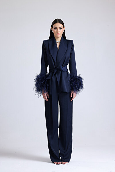 Bohai Design Özel Tasarım Şal Yaka Kolları Tüylü Otriş Lacivert Saten Ceket P...