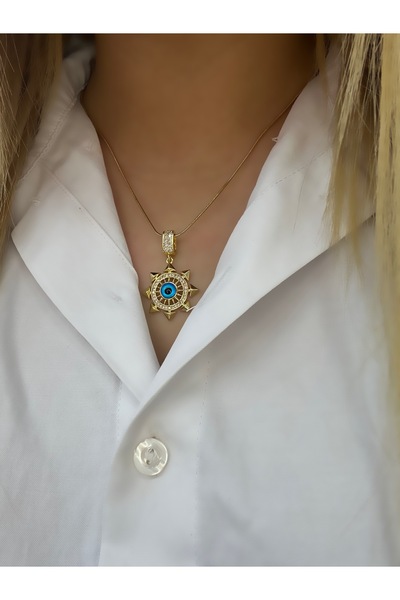 Hicrans Takı MAVİ TAŞLI PUSULA MODEL ÇELİK KOLYE