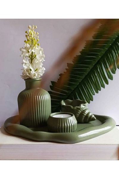 E.M.S AVM 4 Piece Mint Green Vase Set - Pampas, Candle Holder Cloud Plate and Trinket Jewelry
