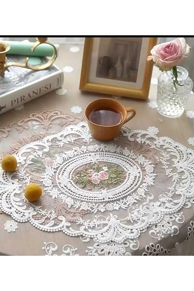 ÇEÇEN HOME 3 bucăți cu flori brodate vintage franceză Dante drape pentru cină, ceașcă și vază alb elegant