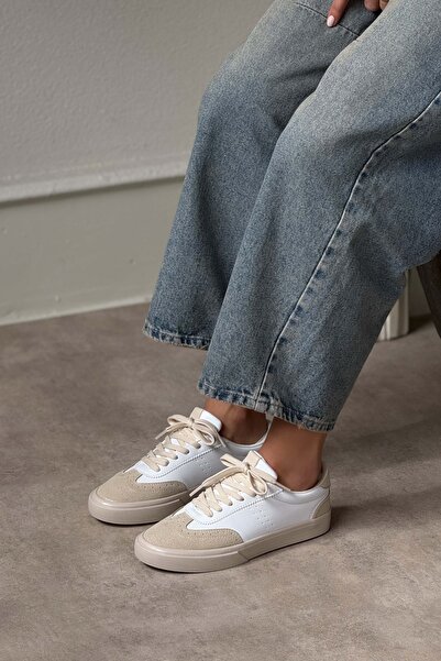 NİŞANTAŞI SHOES Brooke White Matte Beige Suede Detailed Flat Sole Women's Lace-Up Sports Shoes