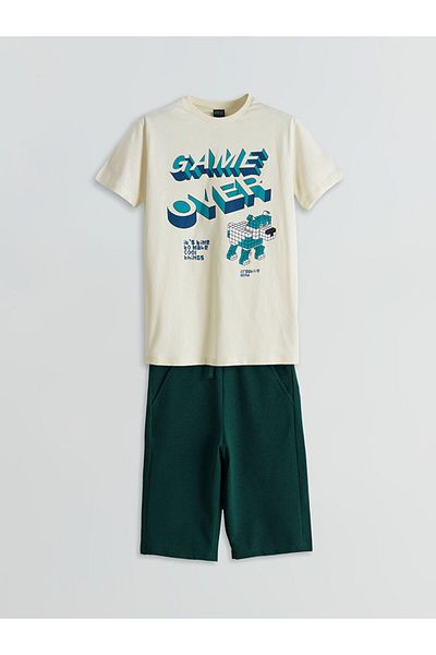 LC Waikiki Lcw Eco Ecru Crew Neck Boys T-Shirt and Shorts