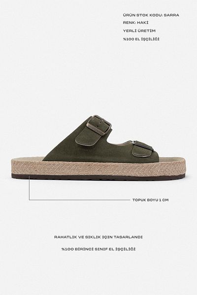 NİŞANTAŞI SHOES Sarrah Khaki Damen-Hausschuhe aus echtem Wildleder mit doppelter Schnalle und detaillierter flacher Sohle