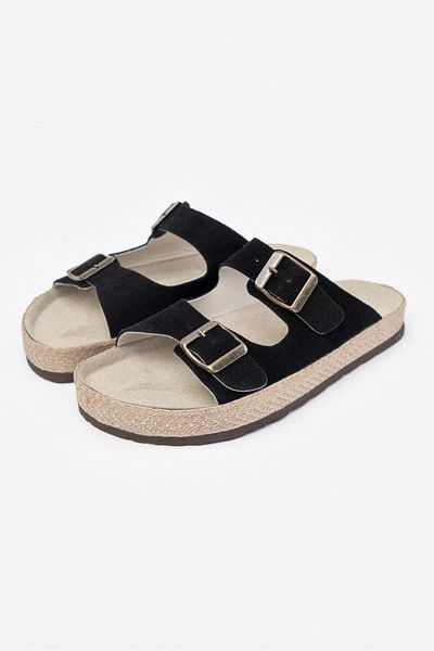 NİŞANTAŞI SHOES Papuci de damă Sarrah, negri, din piele de căprioară autentică, cu cataramă dublă, cu talpă plată