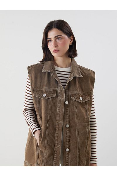 LC Waikiki Lcw Modest Brown Shirt Collar Women's Jean Vest